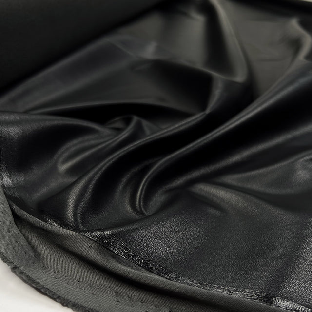 Soft Backed Faux Leather Black Polyurethane Polyester Leatherette Textured Fabric CU