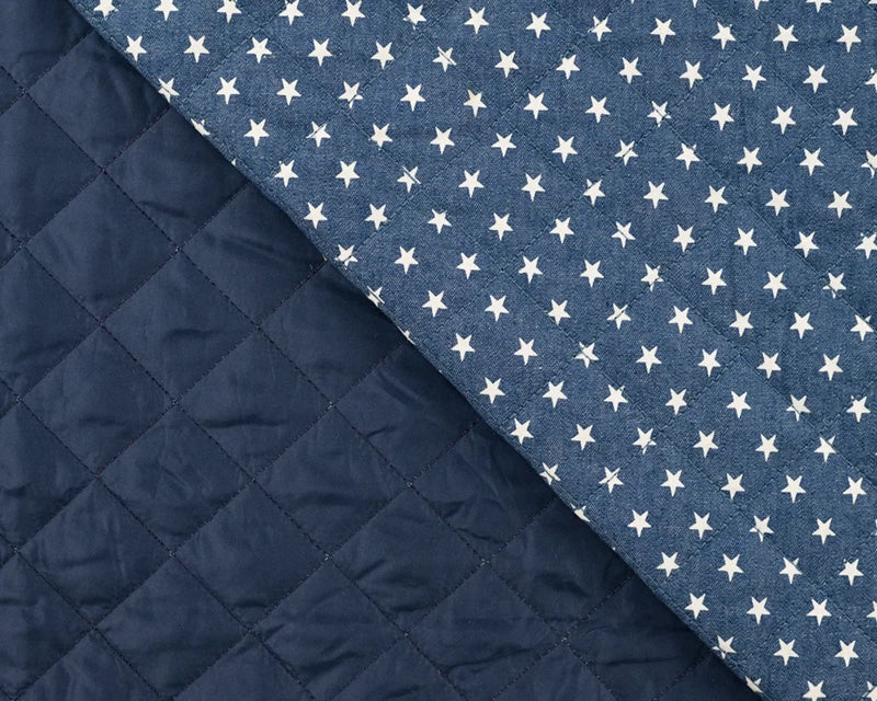 Denim Quilt Stars Print Blue Quilted Cotton Dress Fabric fabric, folded