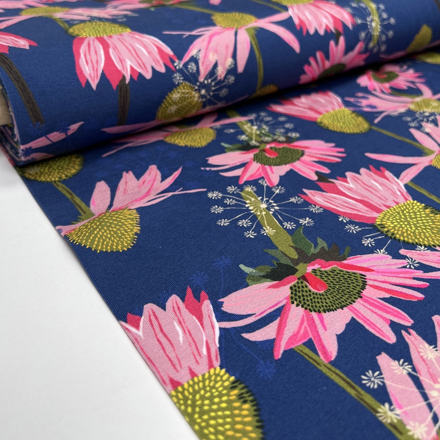Stof Avalana Jersey Pink Daisies Cotton Elastane Blue Floral Knit Dress Fabric Bolt
