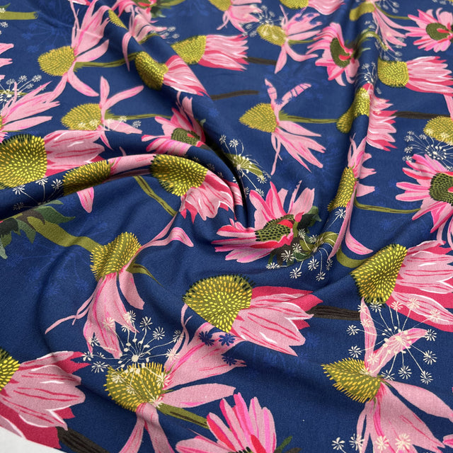 Stof Avalana Jersey Pink Daisies Cotton Elastane Blue Floral Knit Dress Fabric CU