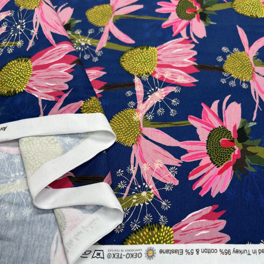Stof Avalana Jersey Pink Daisies Cotton Elastane Blue Floral Knit Dress Fabric Fold