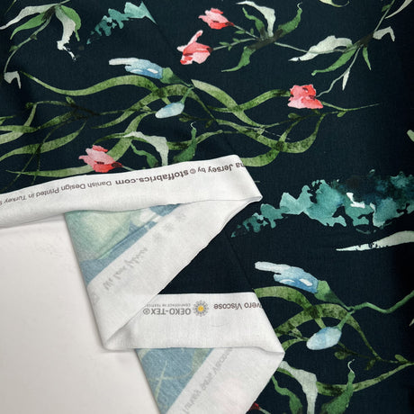 Stof Viscose Jersey Hawthorn Elastane Green Pink Floral Knit Dress Fabric Fold
