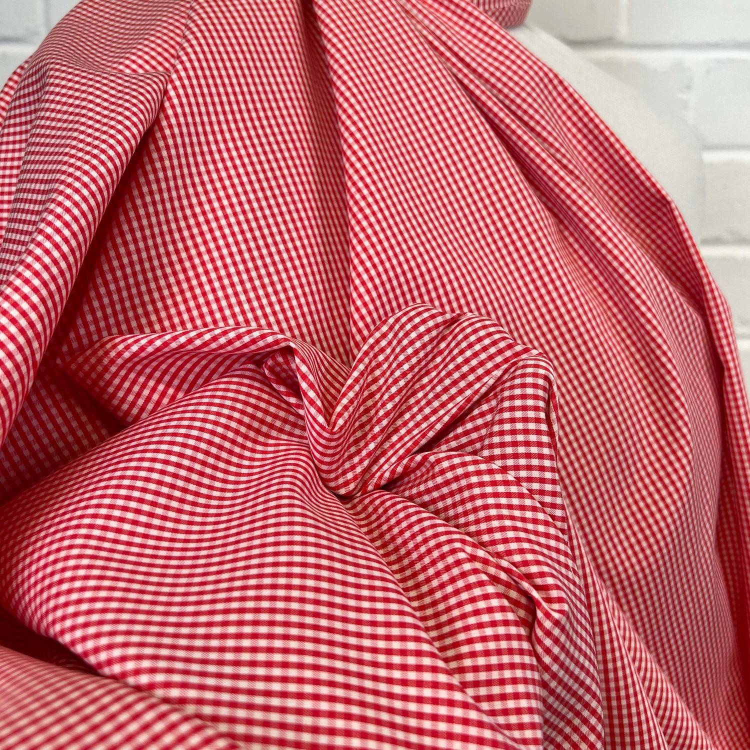 Red & White Fine Check Cotton Shirting Fabric Strawberry Picnic CU
