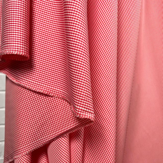 Red & White Fine Check Cotton Shirting Fabric Strawberry Picnic Hang
