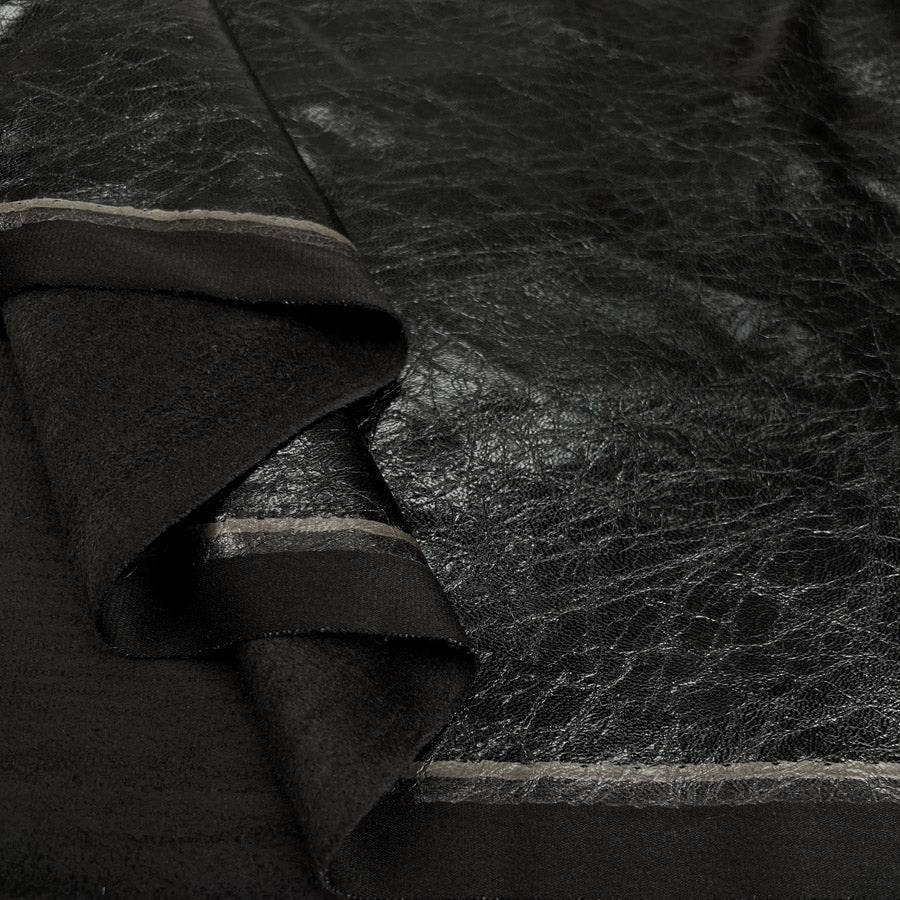 Stretch Faux Leather Black Polyurethane Brushed Back Fabric Fold