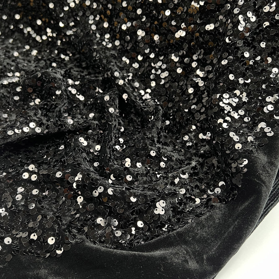 Stretch Velvet Noir Sparkle Black Sequin Polyester Elastane Knit Jersey Fabric