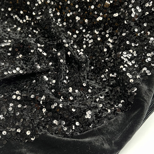 Stretch Velvet Noir Sparkle Black Sequin Polyester Elastane Knit Jersey Fabric