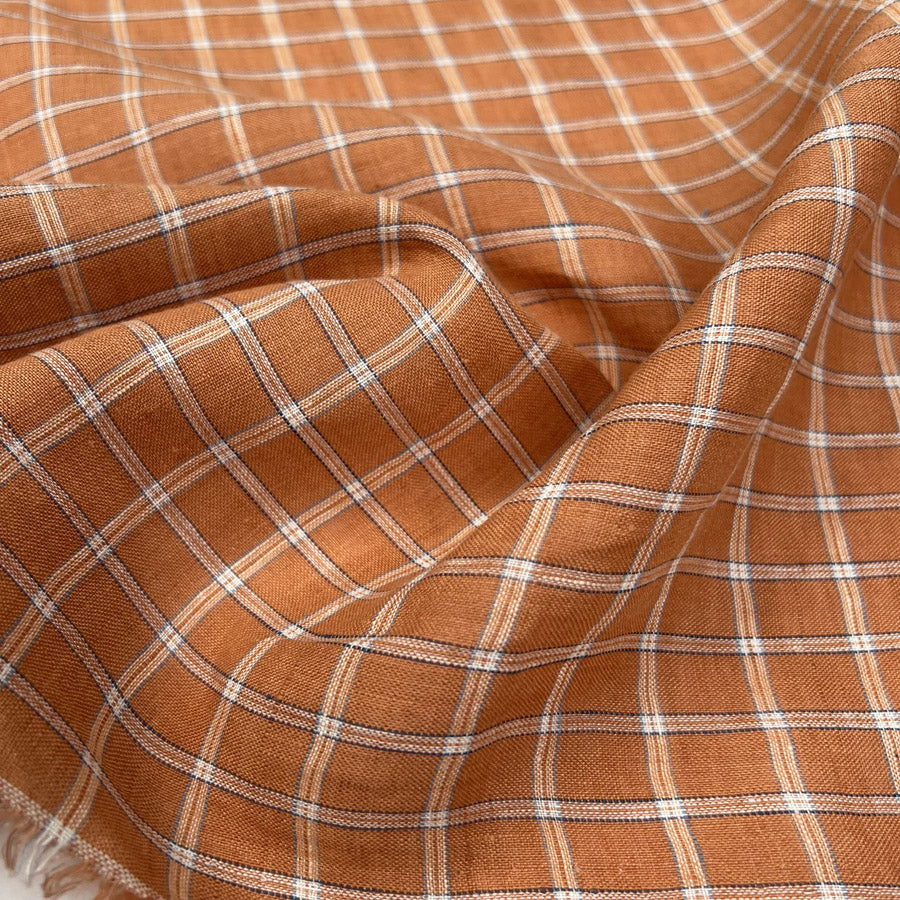 Sunday Best Apricot Orange Check Ex Designer Linen Woven Shirting Fabric CU
