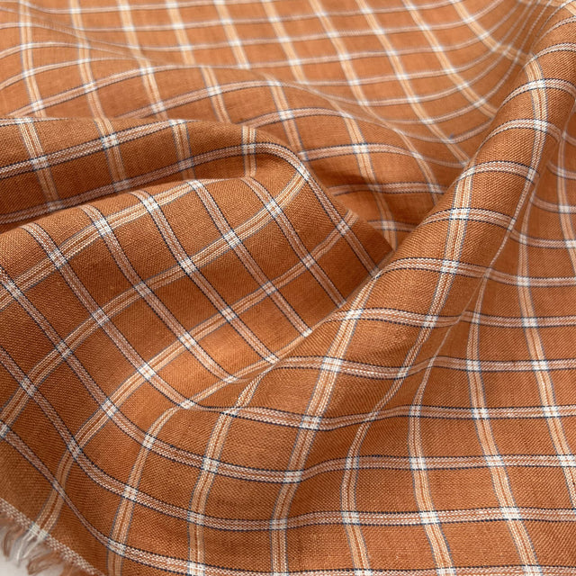 Sunday Best Apricot Orange Check Ex Designer Linen Woven Shirting Fabric CU