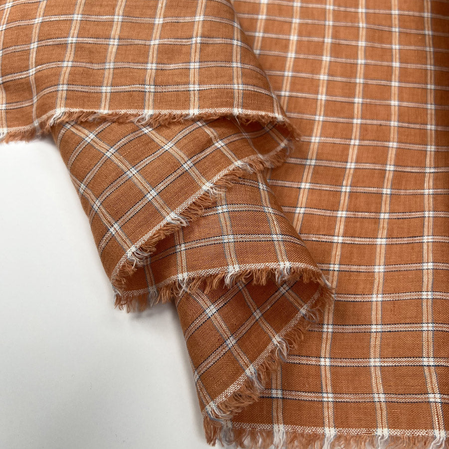Sunday Best Apricot Orange Check Ex Designer Linen Woven Shirting Fabric Fold