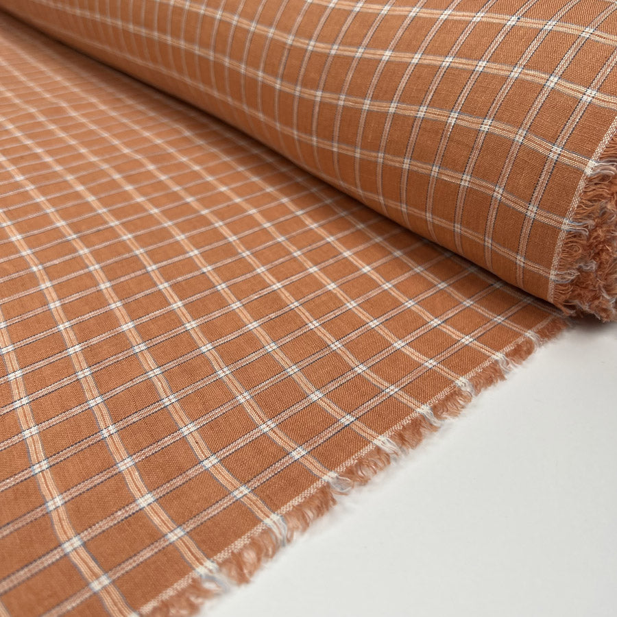 Sunday Best Apricot Orange Check Ex Designer Linen Woven Shirting Fabric Roll