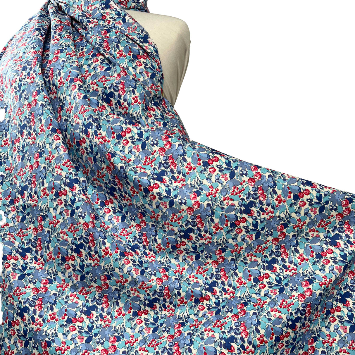 Sussex Cotton Lawn Berry Blossom Breeze Blue Red Floral Dress Fabric Mannequin