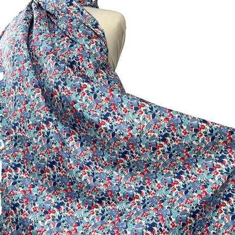 Sussex Cotton Lawn Berry Blossom Breeze Blue Red Floral Dress Fabric Mannequin