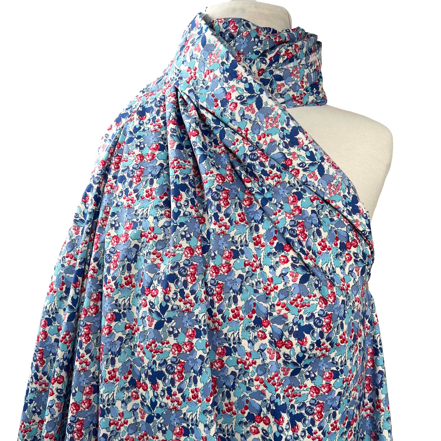 Sussex Cotton Lawn Berry Blossom Breeze Blue Red Floral Dress Fabric Front