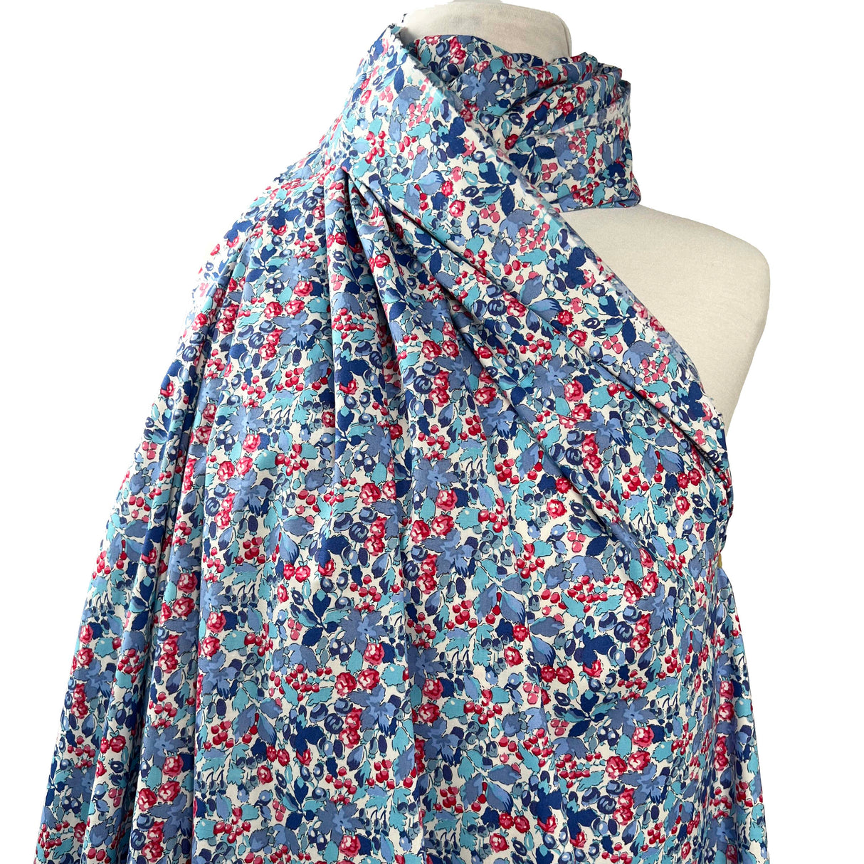 Sussex Cotton Lawn Berry Blossom Breeze Blue Red Floral Dress Fabric Front