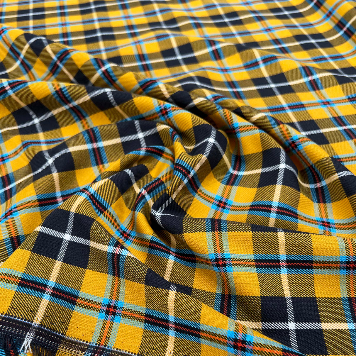 Tartan Lowen Polyester Viscose Mustard Yellow Black Check Dress Fabric Close up