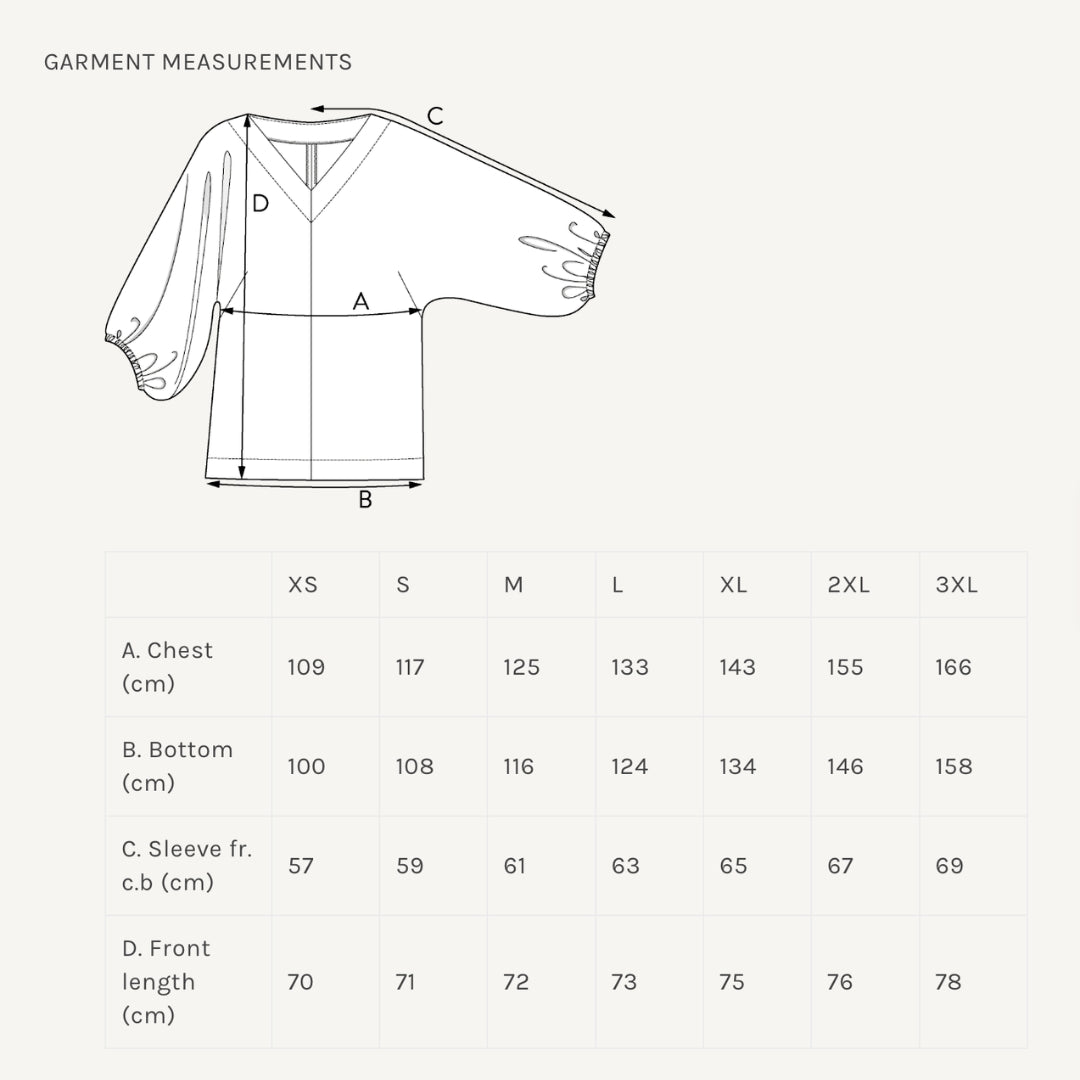 The Assembly Line - V-Neck Cuff Top Pattern Garment Measurements