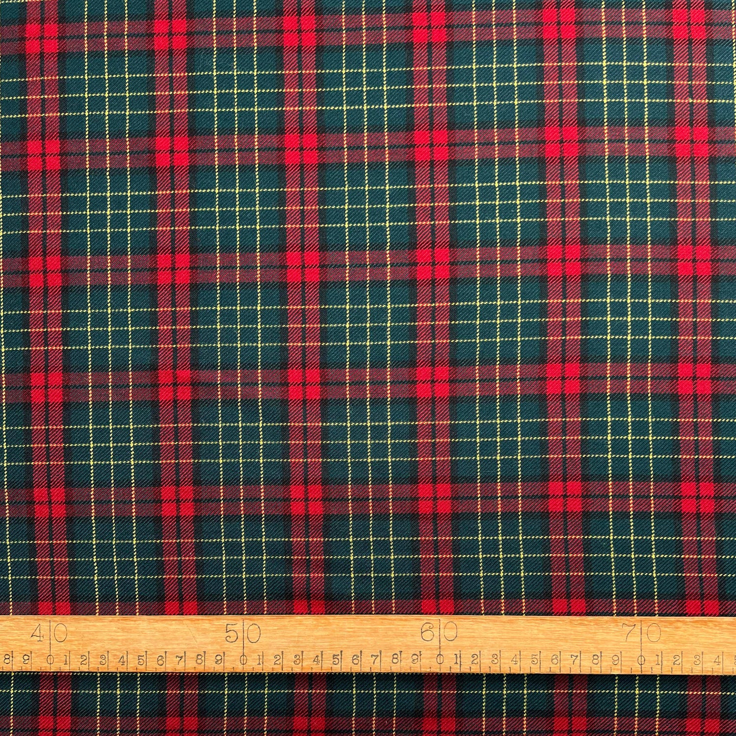 The Traitor Dark Red Green Check Wool Suiting Fabric Ruler