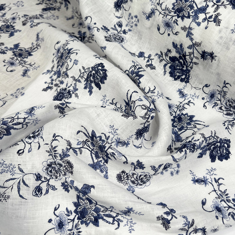 Tokoto Linen White Navy Blue Floral Print Woven Dress Fabric CU