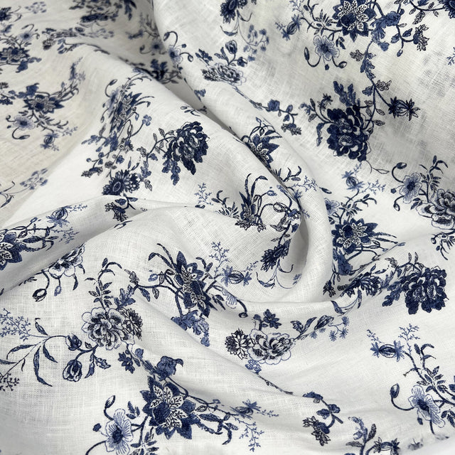 Tokoto Linen White Navy Blue Floral Print Woven Dress Fabric CU