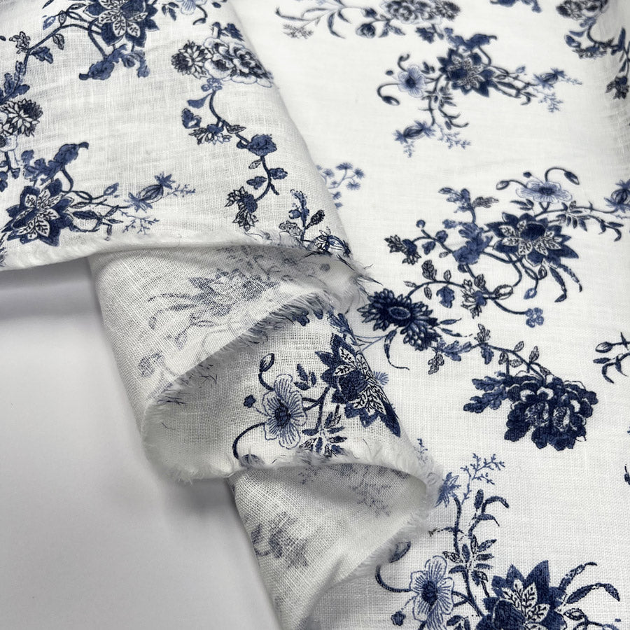 Tokoto Linen White Navy Blue Floral Print Woven Dress Fabric Fold