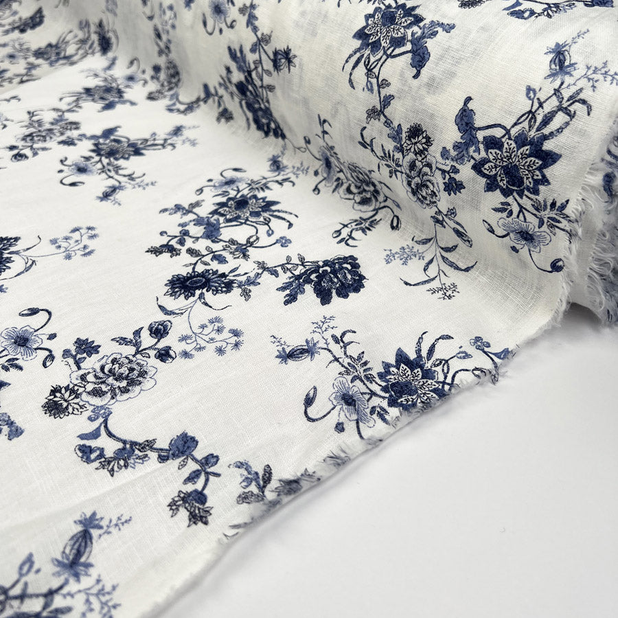 Tokoto Linen White Navy Blue Floral Print Woven Dress Fabric Roll