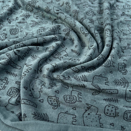 Towelling Animal Friends Blue Cotton Polyester Jersey Fabric Close Up