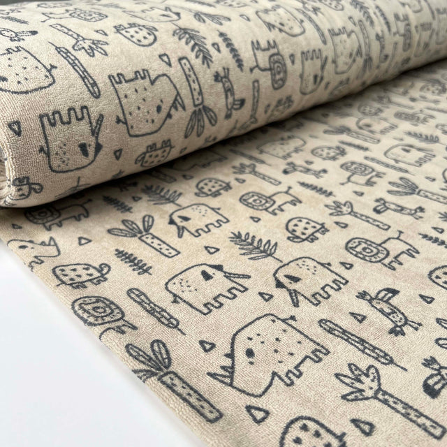 Cotton Polyester Jersey Fabric Towelling Animal Friends Cream Bolt
