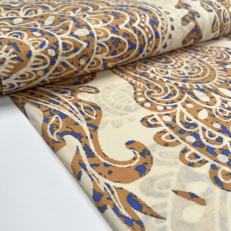 Tribal Floral Sea Sand Blue Beige Abstract Paisley Print Dress Fabric Bolt
