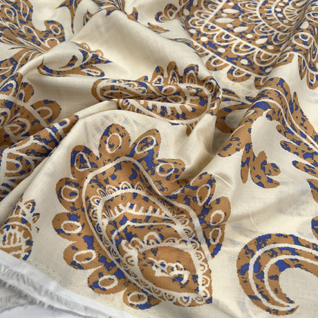 Tribal Floral Sea Sand Blue Beige Abstract Paisley Print Dress Fabric CU