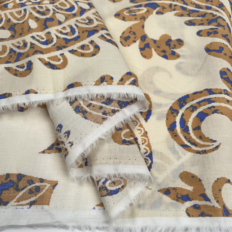 Tribal Floral Sea Sand Blue Beige Abstract Paisley Print Dress Fabric Fold