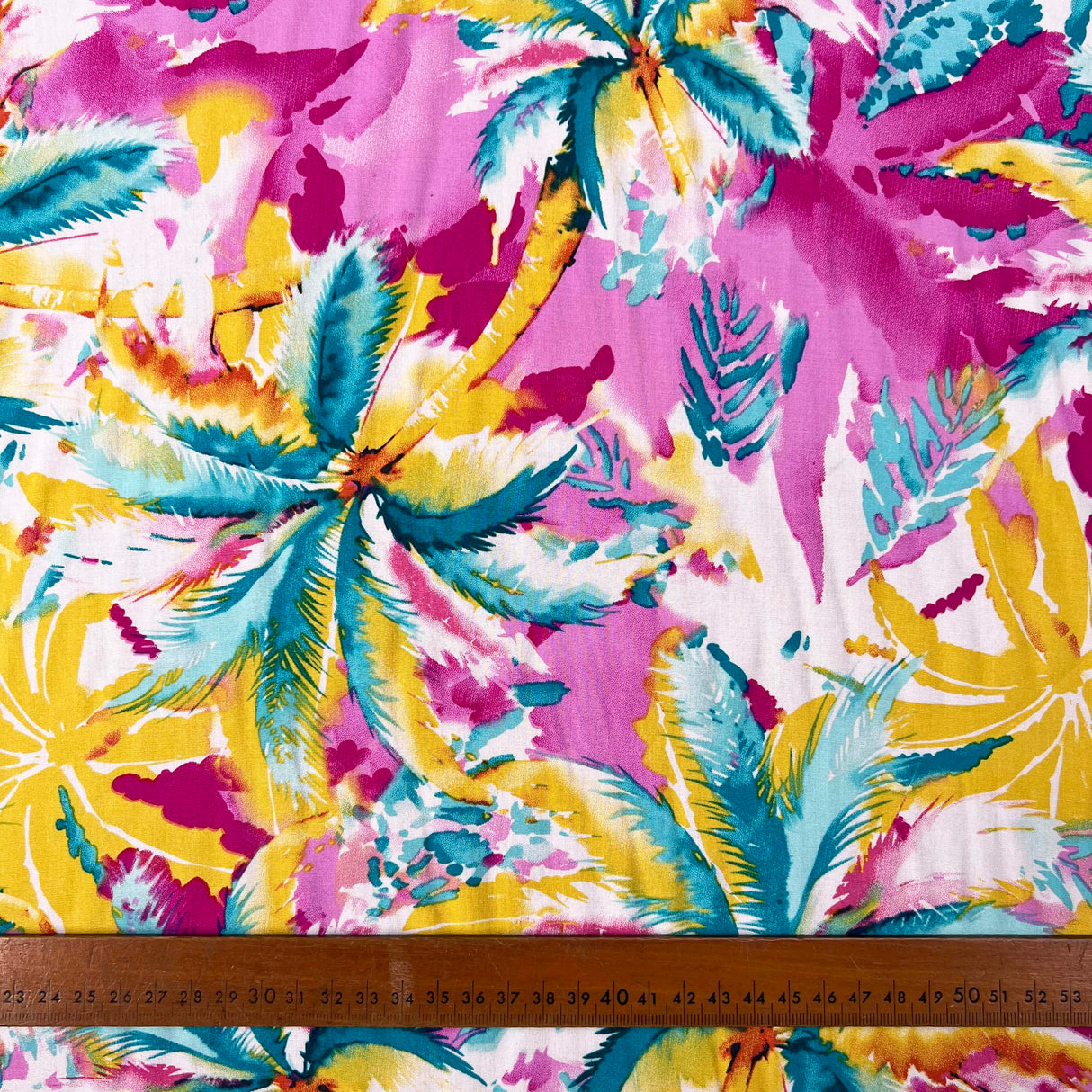 Viscose_Poplin_Paradise_Palm_Fuchsia_Abstract_Lightweight_Pink_Dress_Fabric_Ruler
