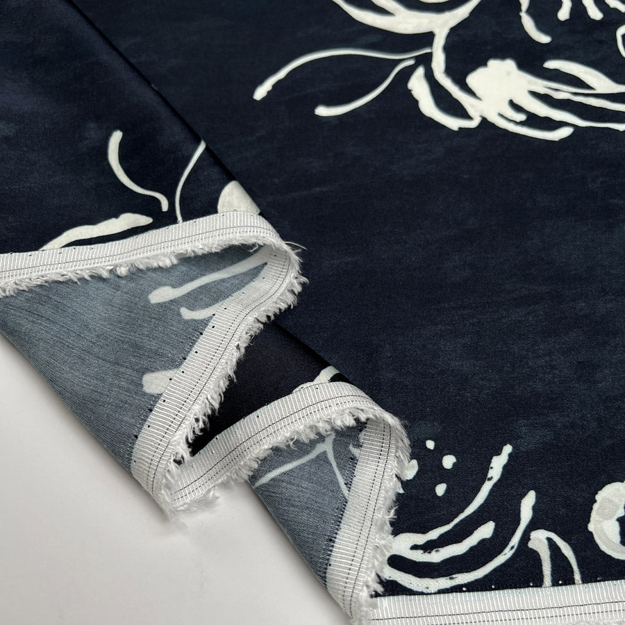 Viscose Satin Rowan Navy White Abstract Print Woven Dress Fabric Fold