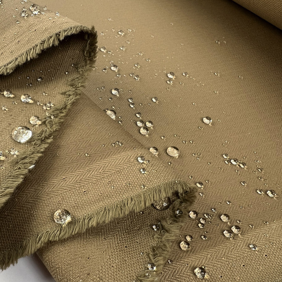 Weatherford Herringbone Beige Cotton British Millerain Water Resistant Coating Fabric Fold