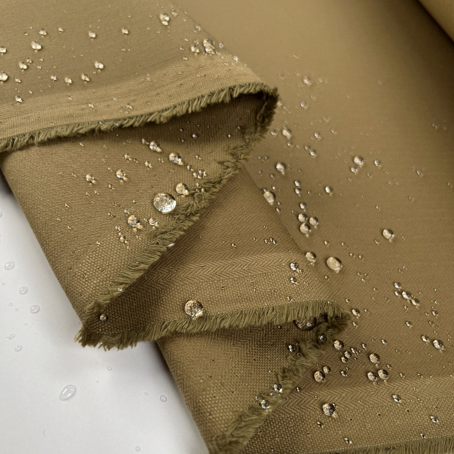 Weatherford Herringbone Beige Cotton British Millerain Water Resistant Coating Fabric Fold Splash
