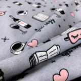 Winceyette Night In Brushed Cotton Fabric wine coffee books and eye masks in pink cu