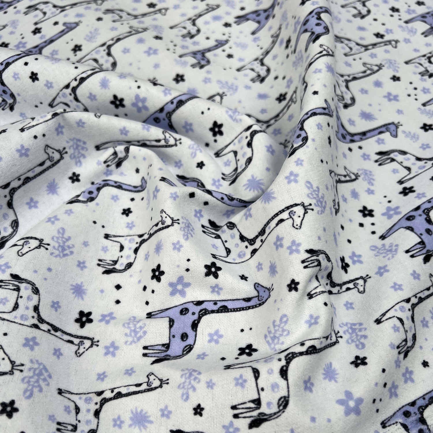 Winceyette Giraffes Blue Black Cotton Polyester Soft Brushed Flannel Childrens Fabric CU