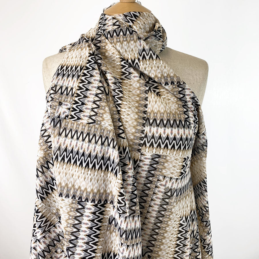 Abstract Zig Zag Beige Black Chiffon Abstract Polyester Dress Fabric Bust