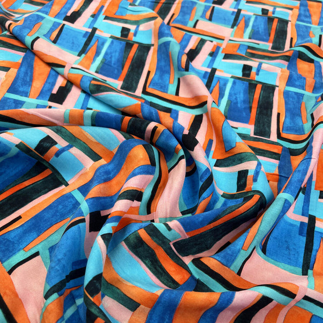 Abstractions Rayon Challis Viscose Geometric Blue Orange Dress Fabric