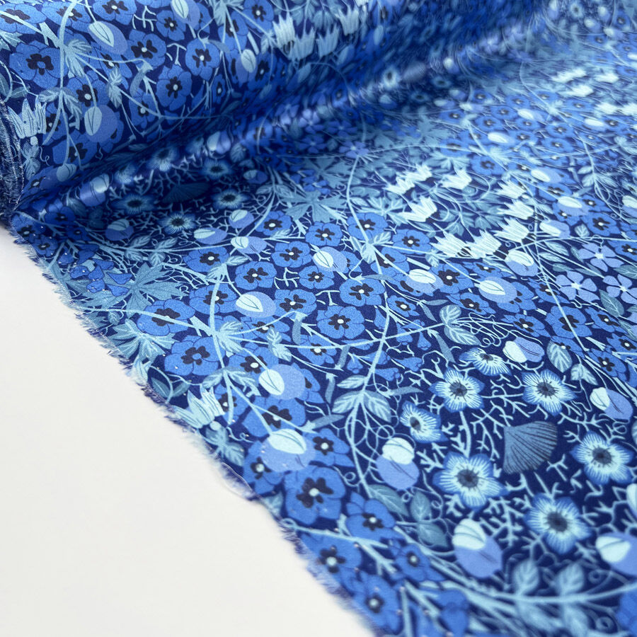 Albany 16 Momme Silk Anne Satin Print Blue Floral Dress Fabric Roll