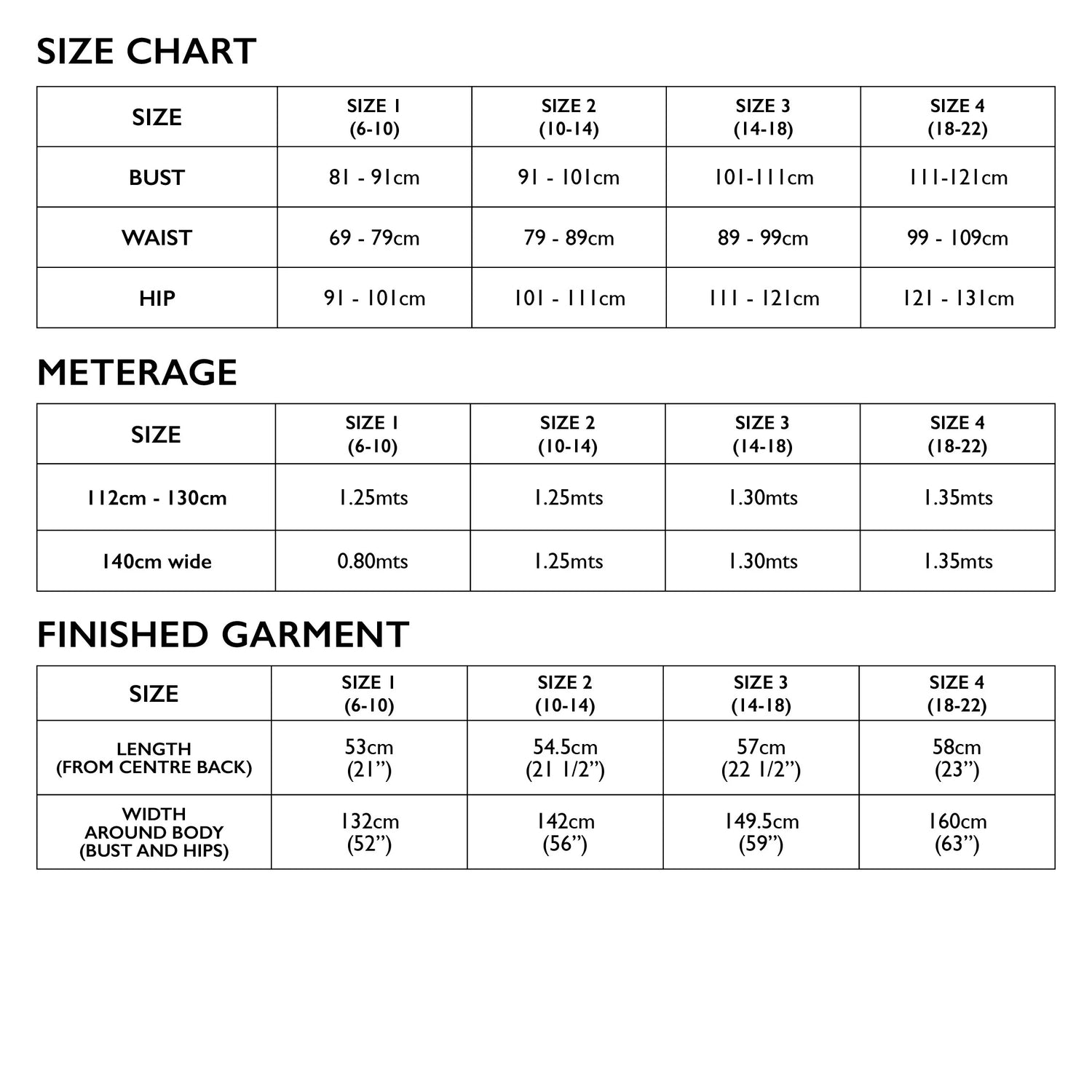 Amara size chart