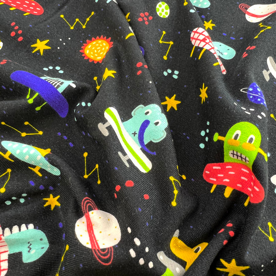 Animals In Space Print Fabric Black Cotton Jersey Zoo Niverse