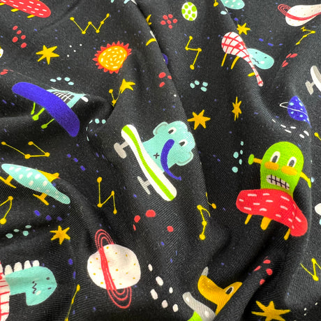 Animals In Space Print Fabric Black Cotton Jersey Zoo Niverse