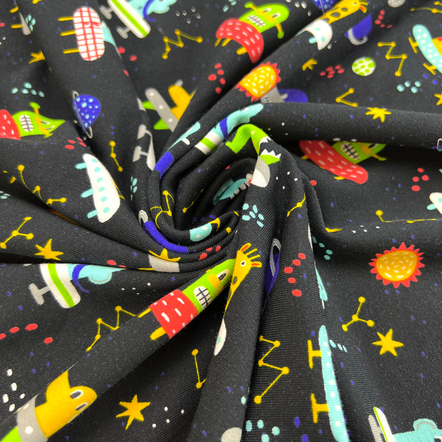 Animals In Space Print Fabric Black Cotton Jersey Zoo Niverse Twist