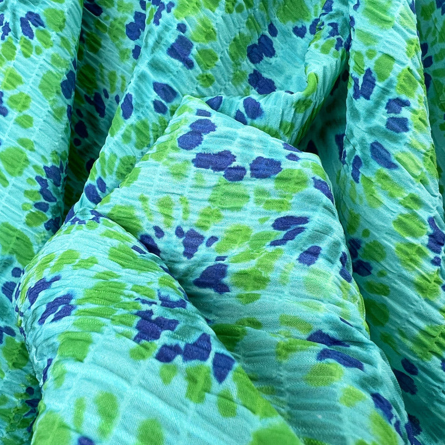 Ariel Polyester Lycra Seersucker Blue Green Kaftan Summer Dress Fabric
