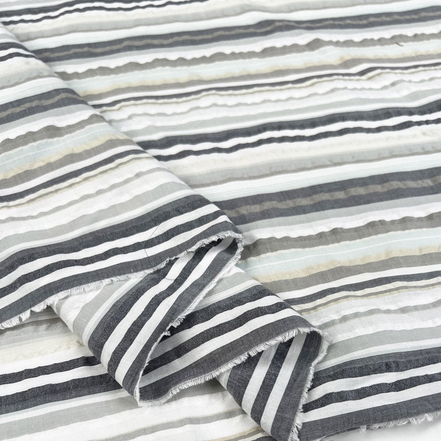 Austrian Seersucker Sediments Stripe Grey White Cotton Woven Dress Fabric Fold