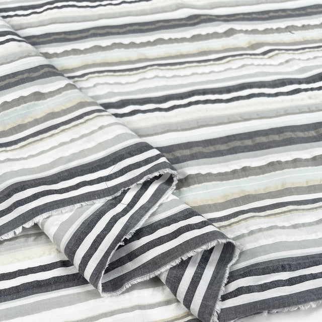 Austrian Seersucker Sediments Stripe Grey White Cotton Woven Dress Fabric Fold
