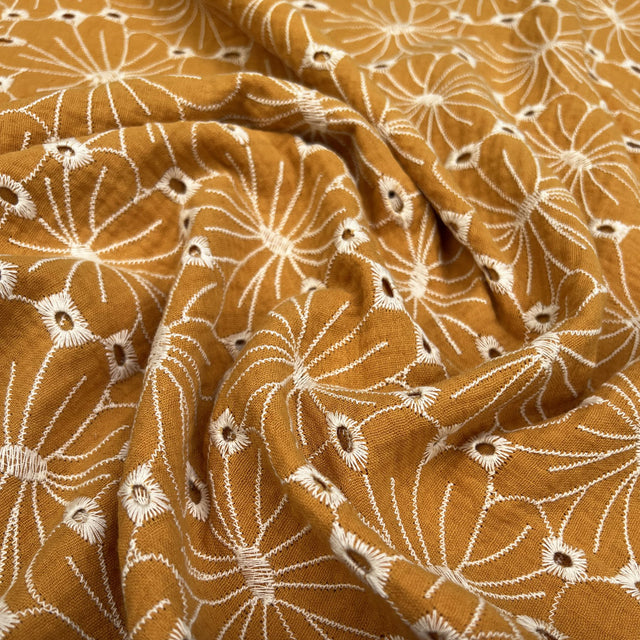 Ba Broderie Anglaise Floral Double Gauze Mustard Yellow Cotton Embroidered Dress Fabric