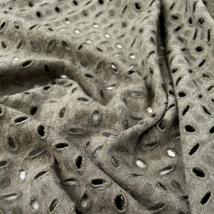 Ba Erin Khaki Broderie Anglaise Linen Viscose Polyester Floral Dress Fabric