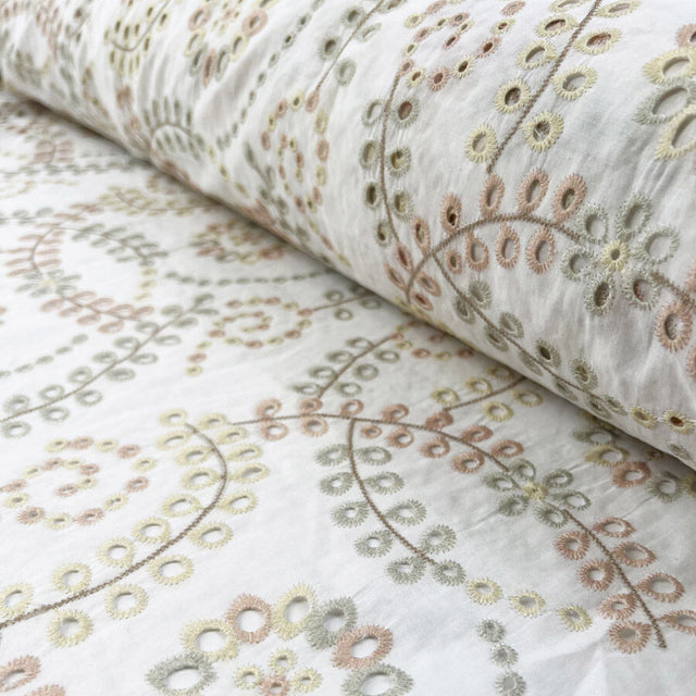 Ba Lexy Broderie Anglaise Cotton White Pastel Pink Green Yellow Floral Embroidered Dress Fabric Roll